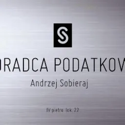 Metalowa tabliczka informacyjna z czarnym logo 'S' w kwadracie, napisem 'Doradca Podatkowy', imieniem i nazwiskiem 'Andrzej Sobieraj' oraz adresem 'IV piętro lok. 22'.