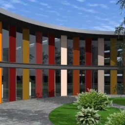 Wizualizacja hali z elewacją w odcieniach szarości i z kolorowymi panelami pionowymi w oknach, otoczona zielenią.