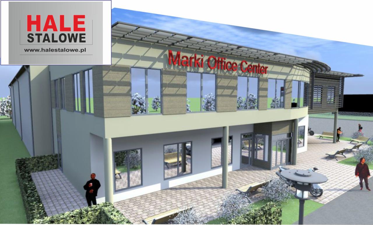 Wizualizacja dwukondygnacyjnego biurowca z napisem 'Marki Office Center' nad wejściem, z widocznym logo 'Hale Stalowe' w lewym górnym rogu.