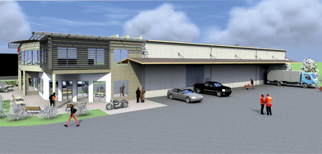 Wizualizacja 3D nowoczesnej hali magazynowej z częścią biurową, z zaparkowanymi samochodami osobowymi i ciężarowymi oraz postaciami ludzkimi na zewnątrz.