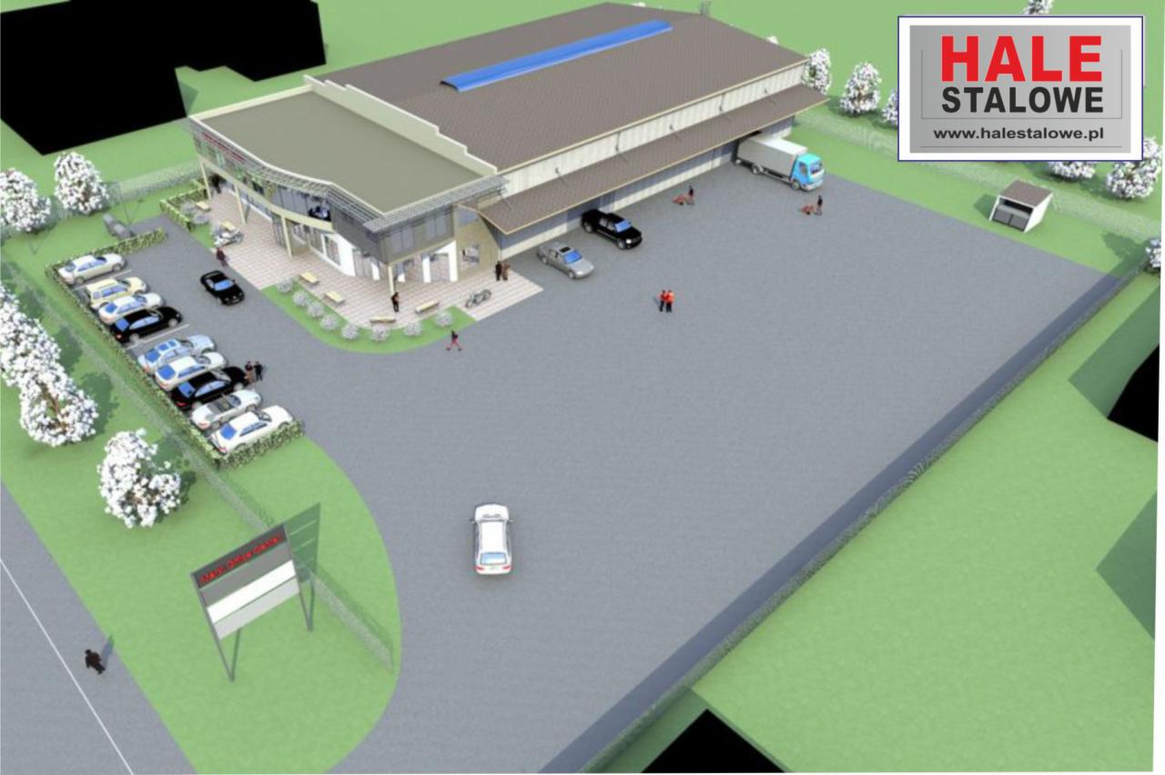 Wizualizacja hali stalowej z biurowcem, parkingiem i wjazdem dla ciężarówek, otoczona zielenią i drzewami kwitnącymi na biało, z widocznym logo firmy HALE STALOWE w prawym górnym rogu.