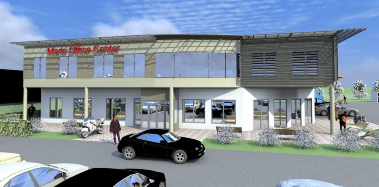 Wizualizacja dwukondygnacyjnego budynku biurowego z napisem 'Marks Office Center' nad wejściem, z zaparkowanymi samochodami i motocyklem na parkingu przed budynkiem.