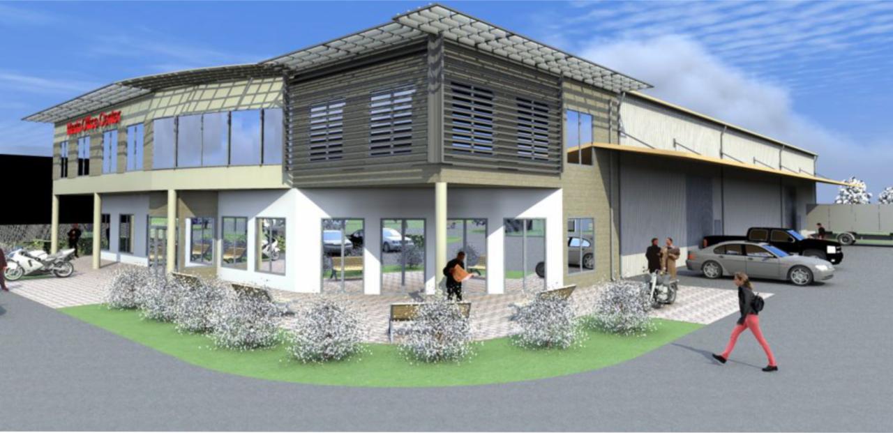 Wizualizacja budynku dwukondygnacyjnego z elementami konstrukcji stalowej, przeszkloną fasadą i zewnętrznym parkingiem z samochodami oraz motocyklem, otoczonego zielenią i przechodniami.