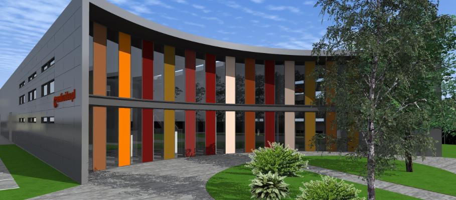 Wizualizacja hali z elewacją w odcieniach szarości i z kolorowymi panelami pionowymi w oknach, otoczona zielenią.