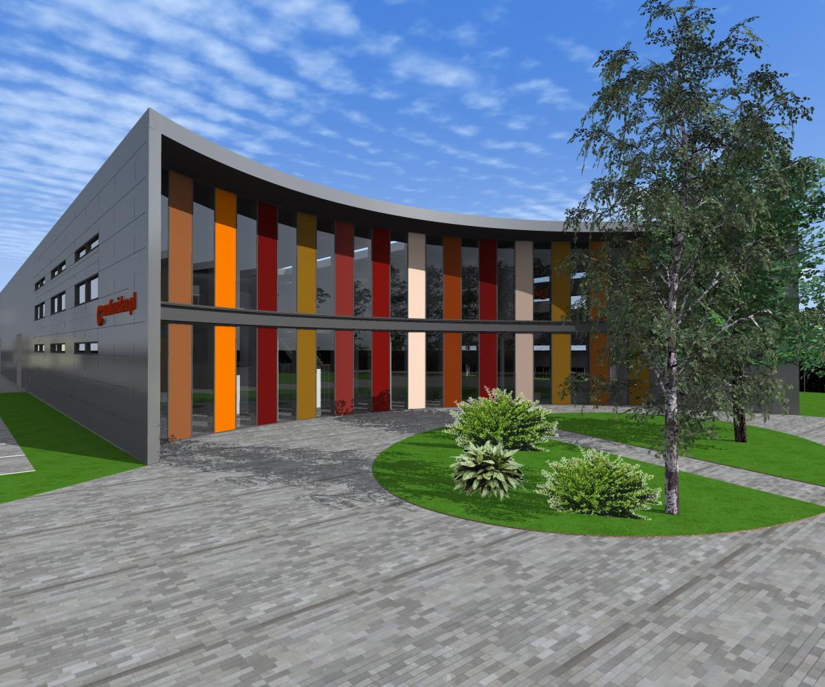 Wizualizacja budynku biurowego z elewacją w odcieniach szarości i kolorowymi panelami pionowymi, otoczonego zielenią i wybrukowanym placem.