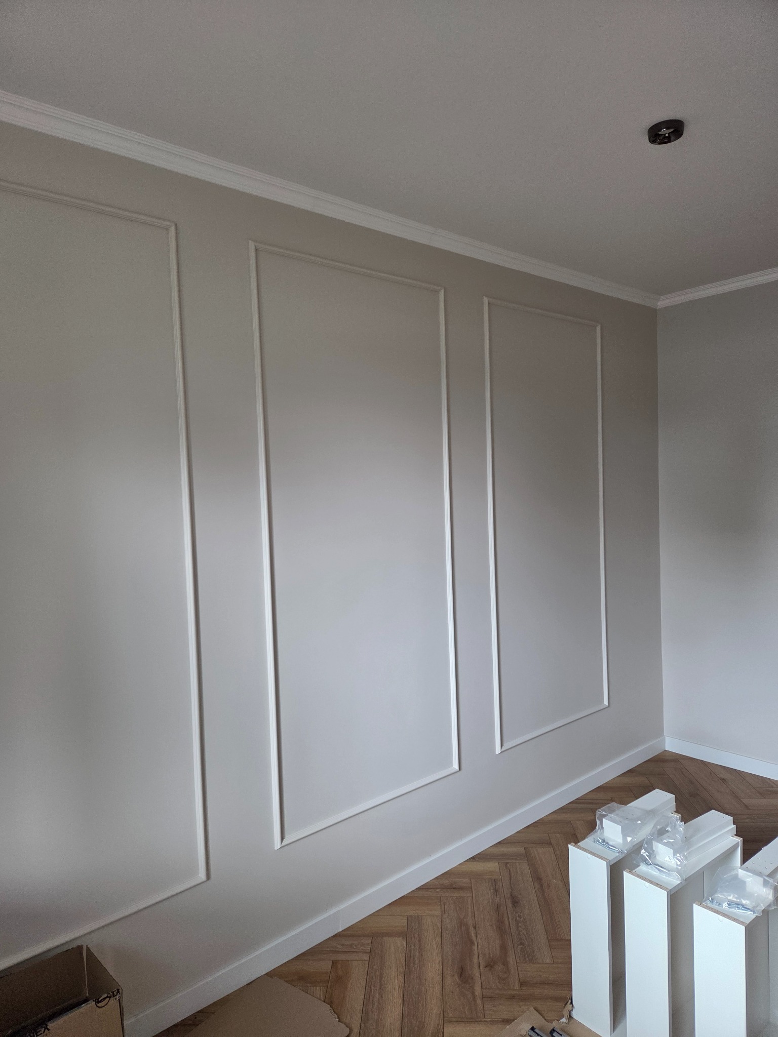 Ściana z dekoracyjnymi panelami w kolorze beżowym, wykończona listwami przysufitowymi. Na podłodze parkiet ułożony w jodełkę i elementy montażowe. Minimalistyczny design.