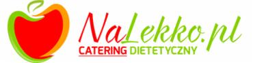 Logo firmy NaLekko.pl z jabłkiem w barwach czerwieni, zieleni i pomarańczy, oferującej catering dietetyczny, nazwa firmy zapisana ozdobną, zieloną czcionką.