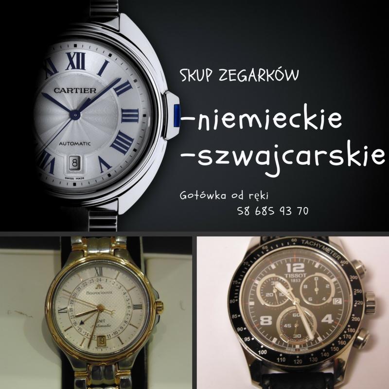 Kompozycja trzech używanych zegarków: srebrny Cartier z rzymskimi cyframi, złoty Maurice Lacroix z datownikiem i czarny Tissot z chronografem, na tle napisu 'Skup Zegarków' i numeru telefonu.