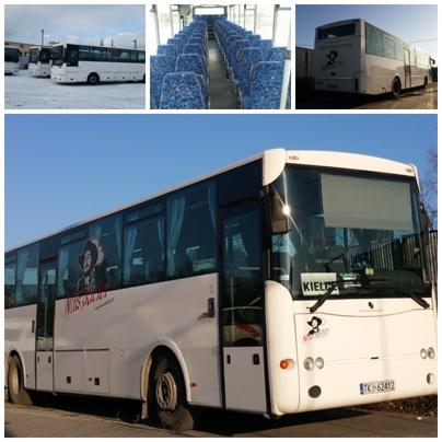 Biały autokar z grafiką postaci na boku, widok z zewnątrz i wnętrza z niebieskimi siedzeniami, tablica rejestracyjna TK-62412.