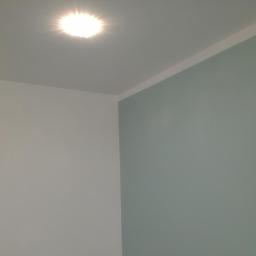 Usługi Remontowo-Budowlane Tomasz Majewski - Świeżo pomalowany narożnik pokoju z jedną ścianą w odcieniu jasnej zieleni, drugą białą, oświetlony punktowym światłem w suficie.
