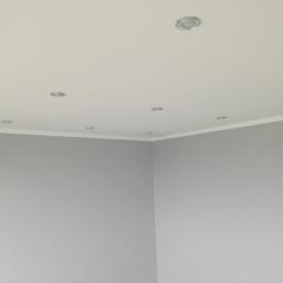 Usługi Remontowo-Budowlane Tomasz Majewski - Wnętrze pokoju po remoncie: szare ściany, biały sufit z zamontowanymi punktowymi lampami i listwą dekoracyjną przy ścianie.