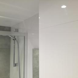 Usługi Remontowo-Budowlane Tomasz Majewski - Szklana kabina prysznicowa z chromowanymi elementami i szarą mozaiką w tle, oświetlona punktowo, przylegająca do białej, błyszczącej ściany.