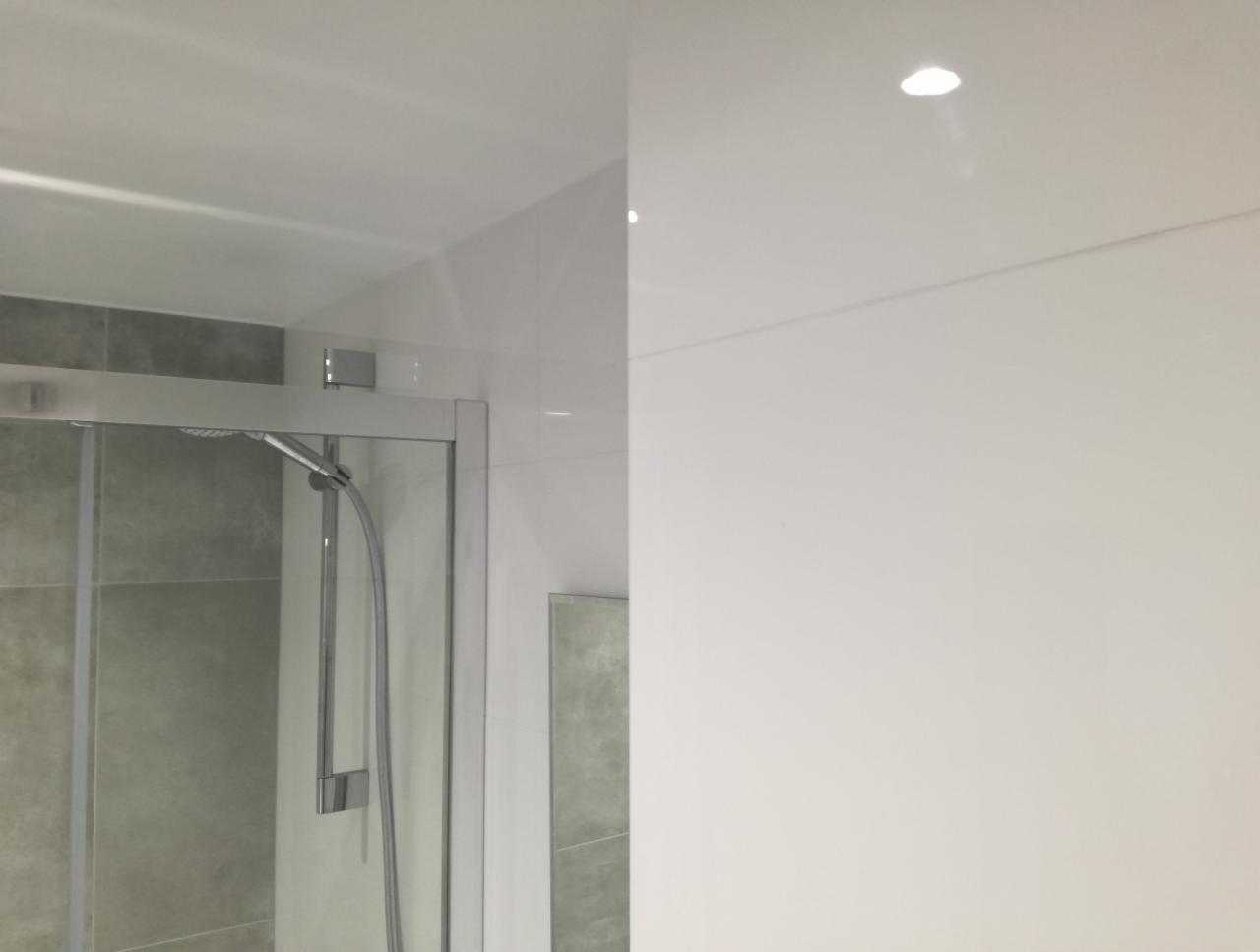 Szklana kabina prysznicowa z chromowanymi elementami i szarą mozaiką w tle, oświetlona punktowo, przylegająca do białej, błyszczącej ściany.