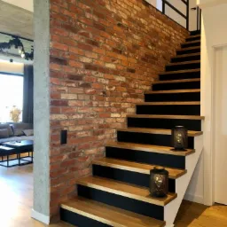 Nowoczesne schody z drewnianymi stopniami i czarnymi podstopnicami, oświetlone dekoracyjnymi lampionami, zlokalizowane w Szczecinie, z ceglaną ścianą w tle.