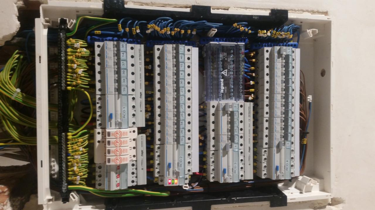 Otwarta skrzynka rozdzielcza z zamontowanymi bezpiecznikami różnicowoprądowymi (RCD) marek Hager i Legrand, okablowanie w kolorach niebieskim i żółto-zielonym, widoczne oznaczenia numeracji...