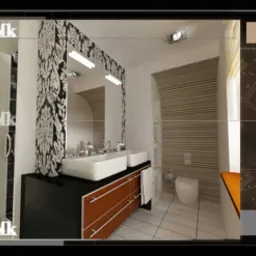 Wizualizacja łazienki z dwoma umywalkami nablatowymi, czarną szafką z drewnianymi szufladami, tapetą w kwiaty i kabiną prysznicową z czarnymi akcentami.