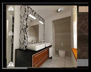 Wizualizacja łazienki z dwoma umywalkami nablatowymi, czarną szafką z drewnianymi szufladami, tapetą w kwiaty i kabiną prysznicową z czarnymi akcentami.