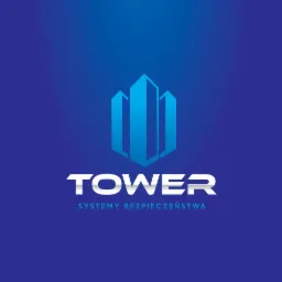 Logo firmy Tower Systemy Bezpieczeństwa na niebieskim tle, stylizowane budynki w górnej części.