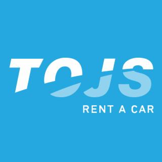 Niebieskie tło z białym napisem 'TCJS' i szarym 'RENT A CAR' pod spodem.