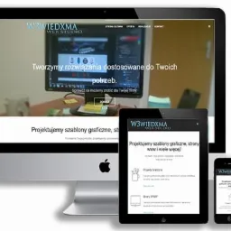 Responsywna strona internetowa W3WIEDXMA Web Studio wyświetlana na monitorze iMac, tablecie i smartfonie, prezentująca projektowanie szablonów graficznych i stron WWW.