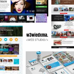 Zestaw materiałów firmowych z logo: wizytówki, papier firmowy, ulotka reklamowa, długopisy i kubek, prezentowane na szarym tle.