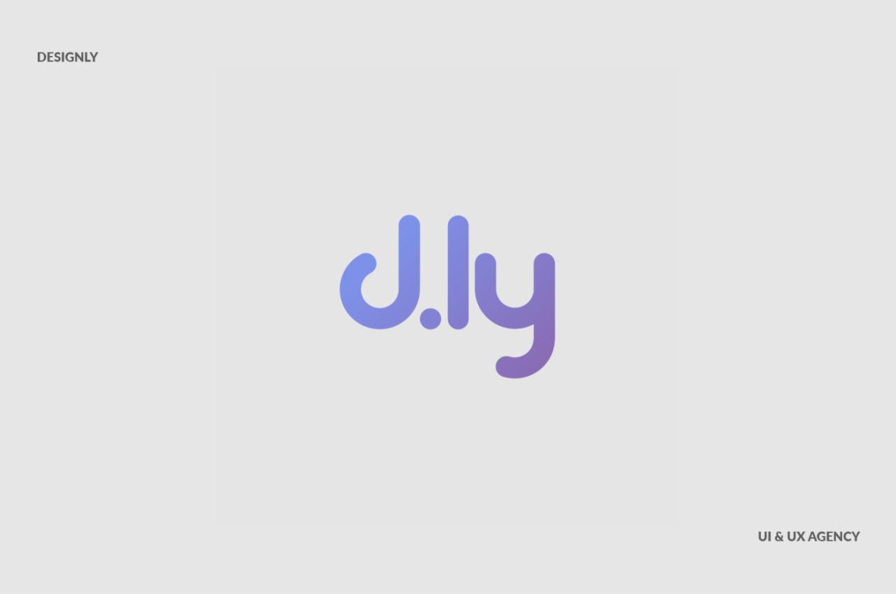 Stylizowane logo 'J.ly' w odcieniach fioletu i błękitu, umieszczone na jasnoszarym tle z napisem 'DESIGNLY' w lewym górnym rogu i 'UI & UX AGENCY' w prawym dolnym rogu.