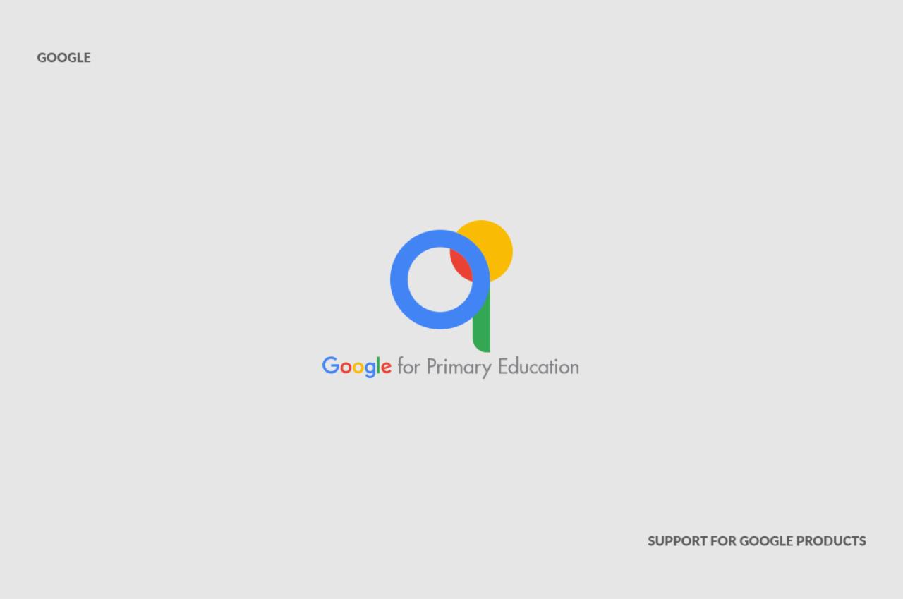 Graficzne przedstawienie logo Google for Primary Education na jasnoszarym tle, z elementami w kolorach niebieskim, czerwonym, żółtym i zielonym.