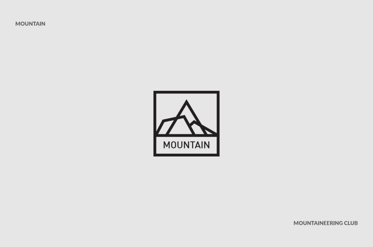 Minimalistyczne logo górskie w czarnej ramce z napisem 'MOUNTAIN' na szarym tle, w prawym dolnym rogu napis 'MOUNTAINEERING CLUB'.