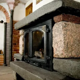 Kamienny kominek z żeliwnymi drzwiczkami w rustykalnym wnętrzu z ceglanym łukiem i krucyfiksem w tle.