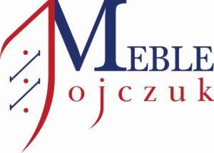 Logo firmy Meble Mojczuk: stylizowana litera M w kolorze granatowym, obok czerwony element graficzny przypominający tarczę z trzema ukośnymi liniami i trzema kropkami; pod spodem napis 'ojczuk'...