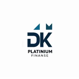 Logo firmy Platinium Finanse w kolorze granatowym, z geometrycznymi elementami w odcieniach niebieskiego nad literami DK, na białym tle. Minimalistyczny design.