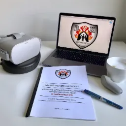 Zestaw do szkolenia BHP w technologii VR: gogle Oculus, laptop z logo firmy, materiały szkoleniowe z datą 07.09.2019, filiżanka kawy i długopis na białym stole.