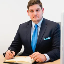 Młody mężczyzna w garniturze siedzi za biurkiem, pisząc w notatniku piórem; w tle biała ściana i fragment monitora.