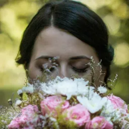 Panna młoda z zamkniętymi oczami, wąchająca bukiet z różowych róż i białych kwiatów na rozmytym zielonym tle.