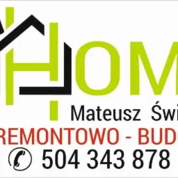 Logo firmy LemHome świadczącej usługi remontowo-budowlane, z numerem telefonu i informacją o profilu na Facebooku.