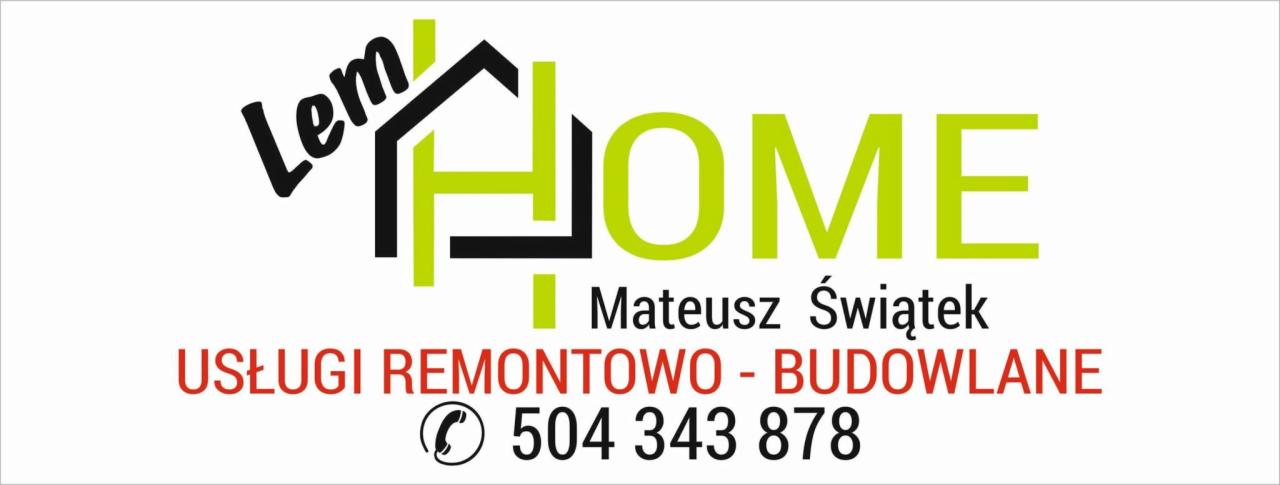 Logo firmy LemHome świadczącej usługi remontowo-budowlane, z numerem telefonu i informacją o profilu na Facebooku.