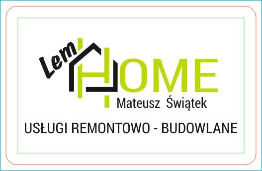 Logo firmy remontowo-budowlanej Lem Home Mateusz Świątek, z elementami graficznymi w kolorach czarnym i limonkowym, przedstawiające stylizowany dom.