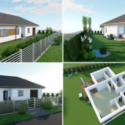 Wizualizacja projektu domu parterowego z garażem i zadaszonym tarasem, prezentowana w czterech ujęciach: trzy zewnętrzne pokazują bryłę budynku z różnych perspektyw i aranżację ogrodu, a jedno...