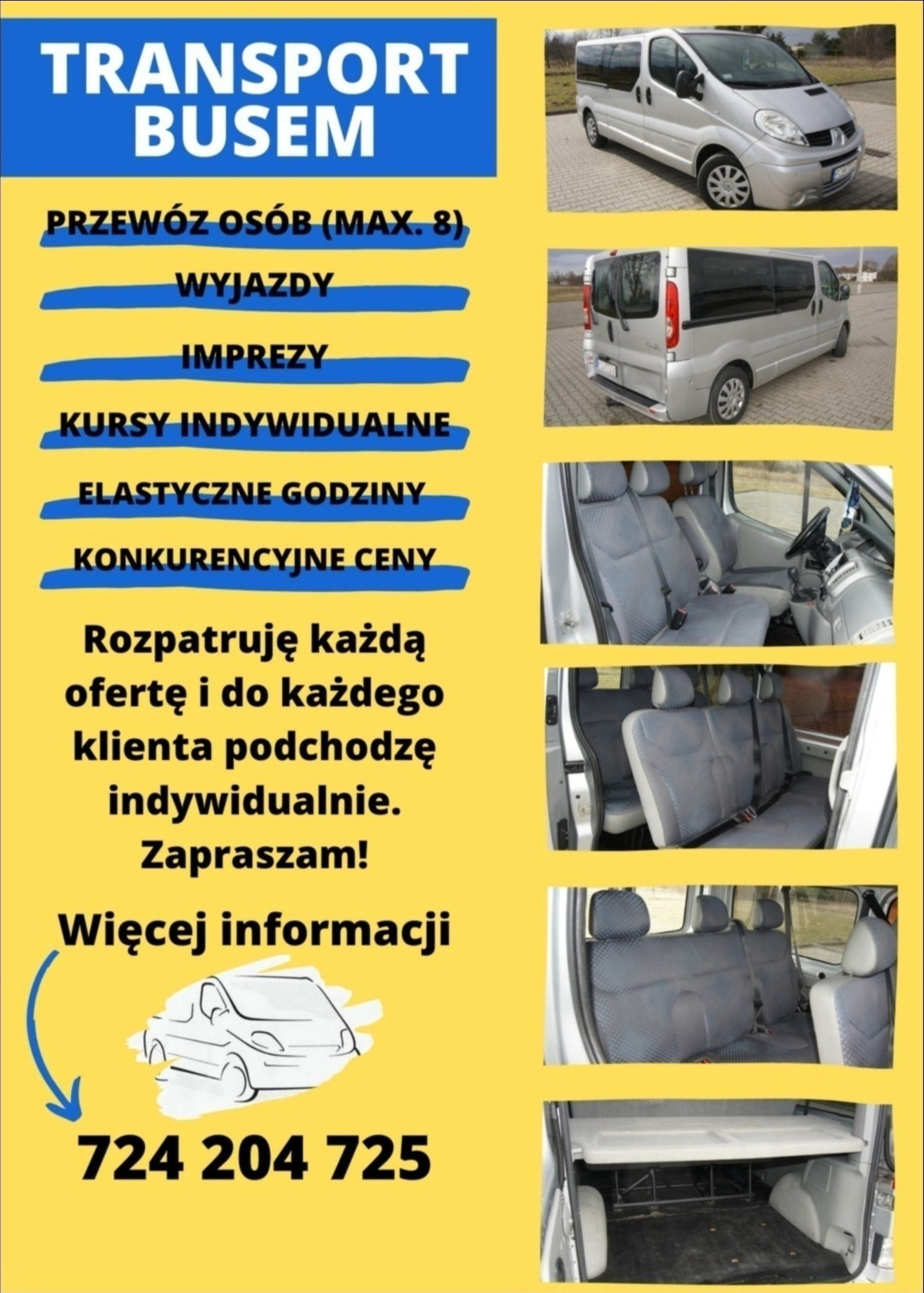 Ogłoszenie z kilkoma zdjęciami srebrnego busa z zewnątrz i wewnątrz, informacją o przewozie osób, wyjazdach, imprezach, kursach indywidualnych i numerem telefonu.