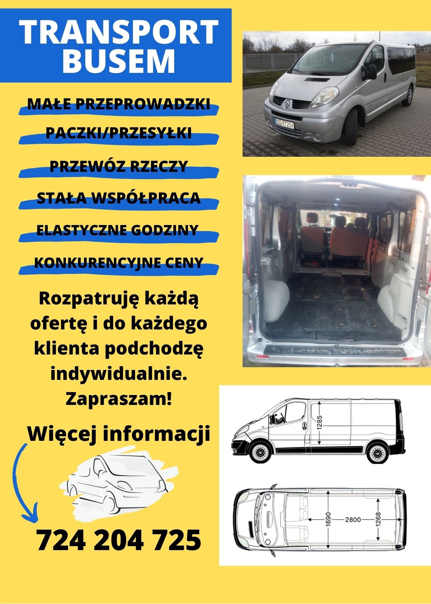 Reklama usług transportowych: srebrny bus z widokiem na puste wnętrze przestrzeni ładunkowej, schemat wymiarów pojazdu oraz informacje o ofercie na żółtym tle.