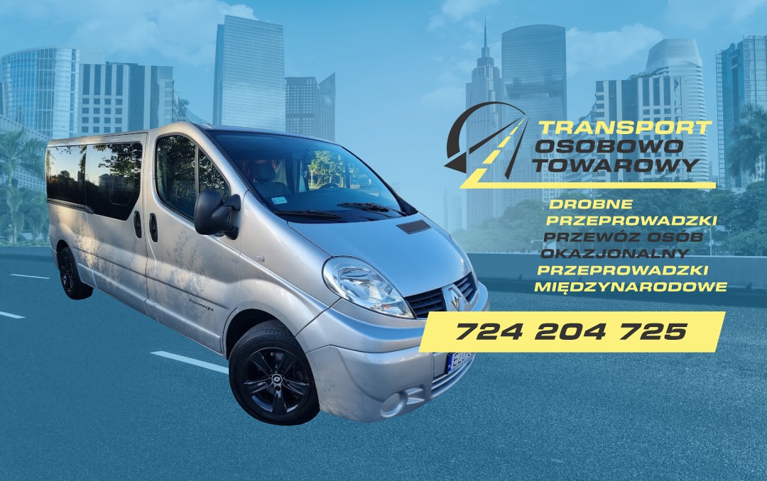 Srebrny bus Renault na tle panoramy miasta i grafiki reklamowej firmy transportowej z numerem telefonu.