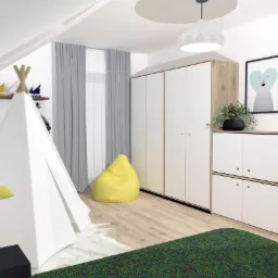 Wizualizacja pokoju dziecięcego na poddaszu z białym tipi, żółtą pufą i grafikami zwierząt w czarnych ramkach na ścianie.