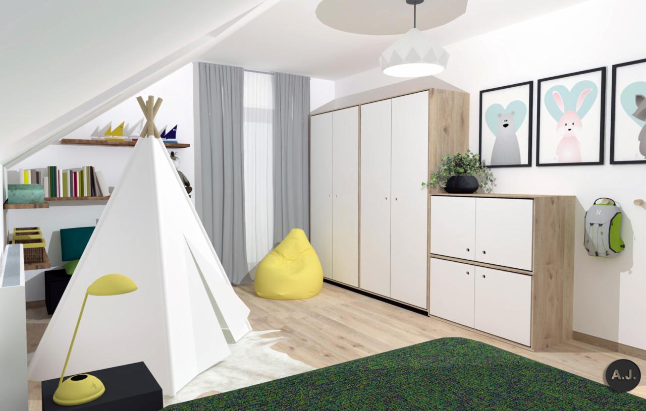 Wizualizacja pokoju dziecięcego na poddaszu z białym tipi, żółtą pufą i grafikami zwierząt w czarnych ramkach na ścianie.