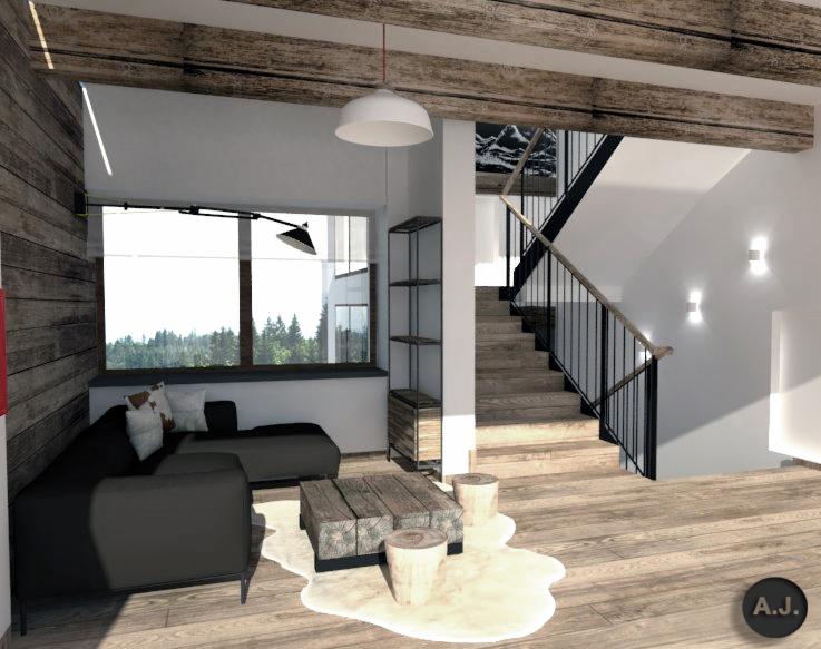 Wizualizacja salonu w stylu rustykalnym z drewnianymi belkami stropowymi, czarną sofą narożną, drewnianym stolikiem kawowym, schodami z czarną balustradą i widokiem na las za oknem.