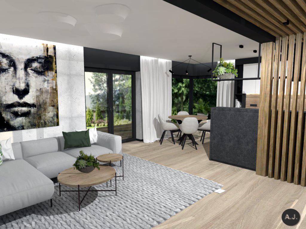 Wizualizacja salonu z szarą sofą narożną, okrągłymi stolikami kawowymi, dywanem z grubym splotem i abstrakcyjnym obrazem na ścianie, połączonego z jadalnią z okrągłym stołem i białymi krzesłami...