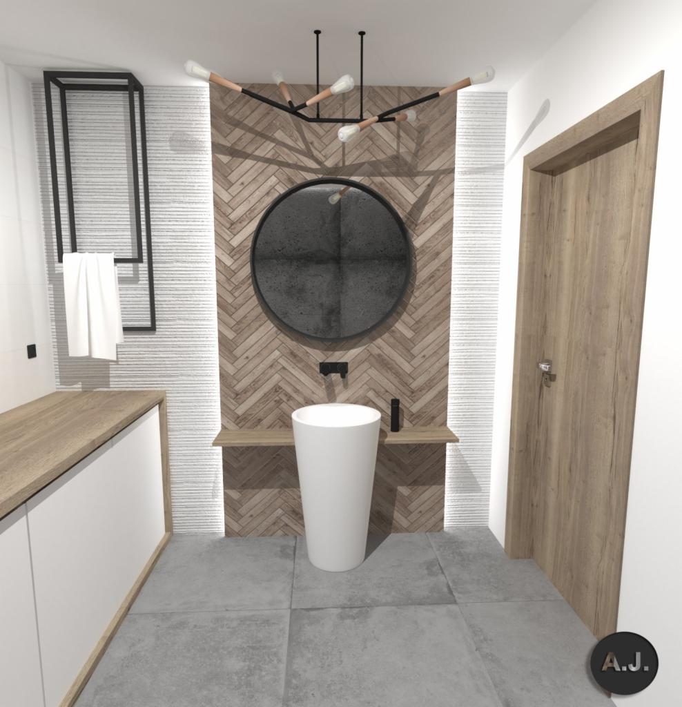 Wizualizacja nowoczesnej łazienki z umywalką wolnostojącą, okrągłym lustrem na ścianie wyłożonej drewnem w jodełkę, designerską lampą sufitową i szarą podłogą z płytek. Po lewej stronie widoczna...