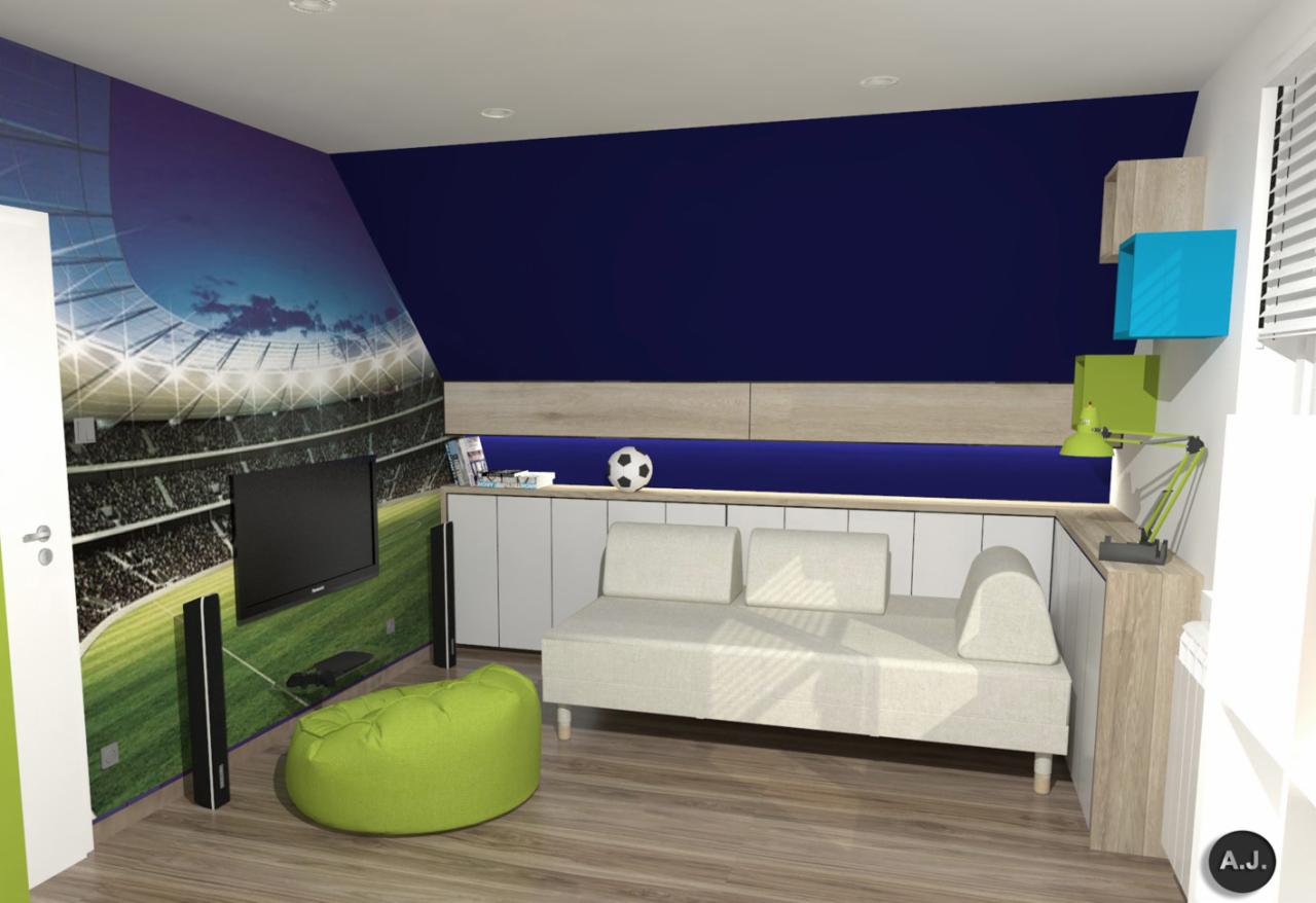 Pokój młodzieżowy z fototapetą stadionu piłkarskiego, szarą sofą, zieloną pufą i niebieskimi akcentami kolorystycznymi na ścianie.