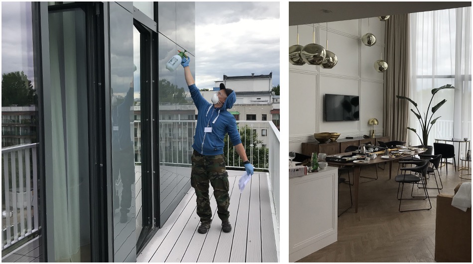 Pracownik w masce i rękawicach spryskuje okno na balkonie, widoczne budynki w tle.