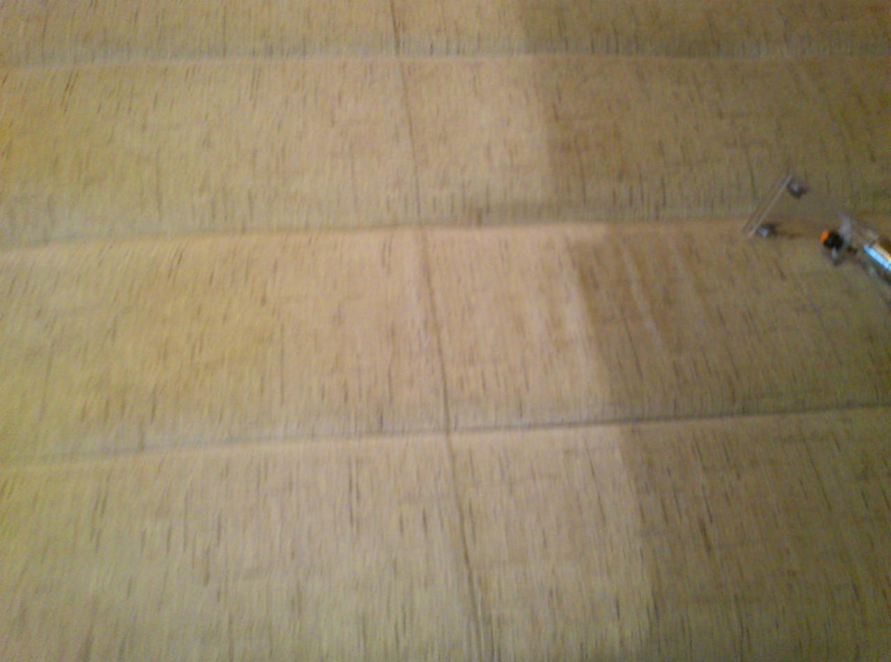 Fragment dywanu z widoczną różnicą w czystości po użyciu odkurzacza piorącego, z dyszą odkurzacza w prawym górnym rogu.