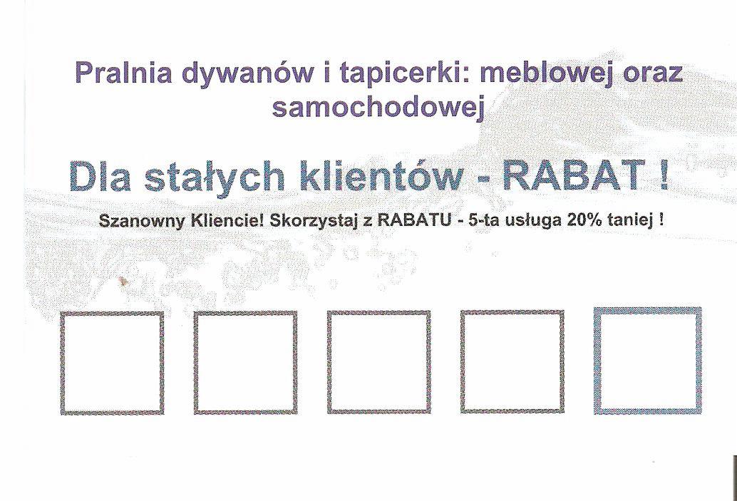 Kupon rabatowy pralni dywanów i tapicerki meblowej oraz samochodowej, oferujący zniżkę dla stałych klientów.